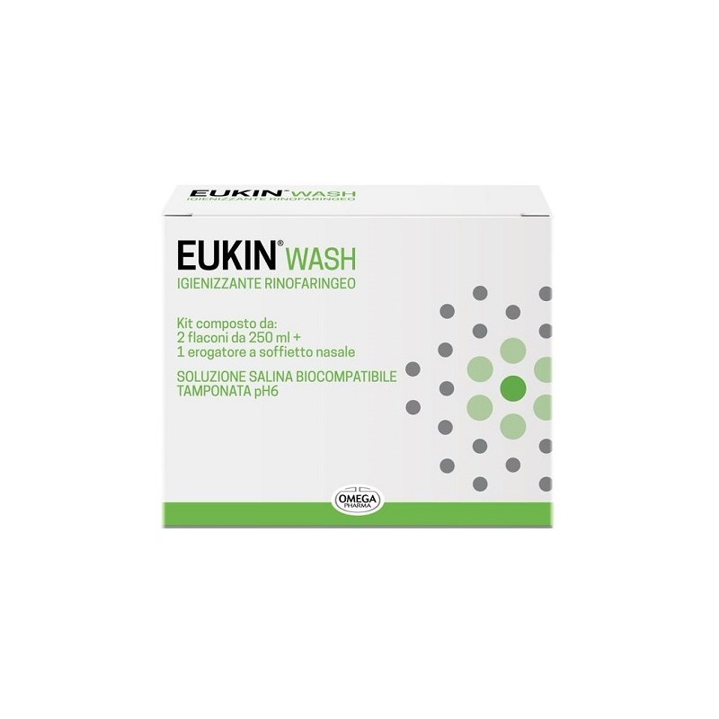 Omega Pharma Eukin Wash Igienizzante Rinofaringeo Kit 2 Flaconi Da 250 Ml + Erogatore A Soffietto Nasale